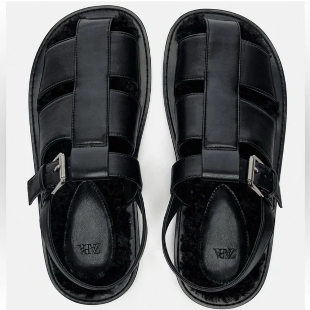 🆕Zara Black Faux Fur Lined Flat Cage Sandals 9/40🆕